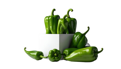 Lush green bell peppers are artfully arranged, some spilling out from a white geometric shape, with a stark black background, creating a visually striking still life scene, demonstrating a food...