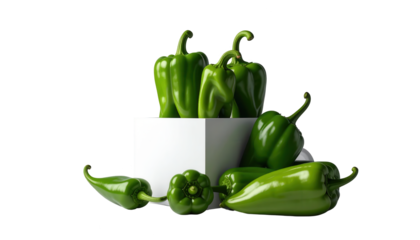 Lush green bell peppers are artfully arranged, some spilling out from a white geometric shape, with a stark black background, creating a visually striking still life scene, demonstrating a food...