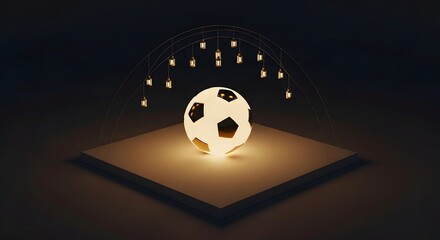 A glowing soccer ball illuminated under hanging lanterns in a dark setting, showcasing a festive atmosphere
