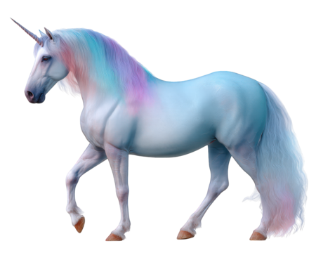Majestic white unicorn, magical fantasy creature from mythology and legend. This beautiful mythical horse with pastel rainbow mane and horn walks with enchanting grace