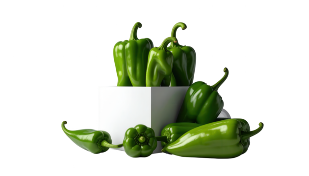 Lush green bell peppers are artfully arranged, some spilling out from a white geometric shape, with a stark black background, creating a visually striking still life scene, demonstrating a food...