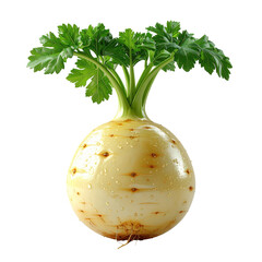 Fresh celery root, showcasing vibrant green leaves emerging from a bulbous, creamy-colored body, against a deep black background, highlighting the organic shape, details, and textures of the...