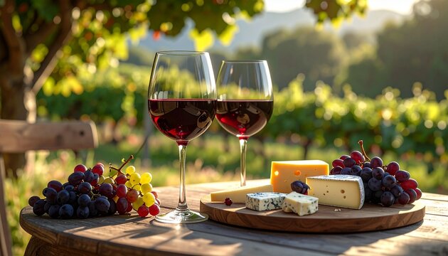 Mesa elegante con copas de vino tinto y tabla de quesos