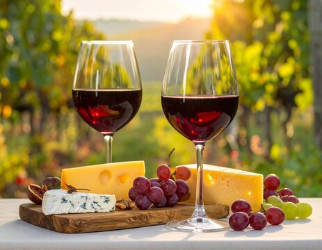 Mesa elegante con copas de vino tinto y tabla de quesos