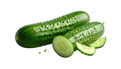 Fresh, vibrant green cucumbers, whole and sliced, are presented against a dark backdrop, emphasizing their texture and natural beauty.