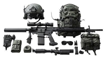 Tactical equipment is displayed against a black background, with a combat rifle, helmet, backpack, and various accessories carefully arranged to portray preparedness and readiness, perfect for...