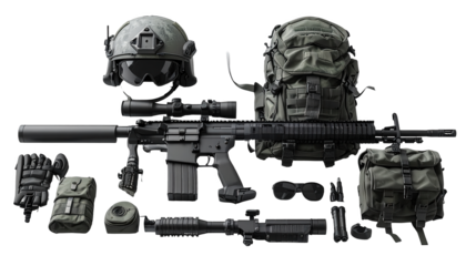 Tactical equipment is displayed against a black background, with a combat rifle, helmet, backpack, and various accessories carefully arranged to portray preparedness and readiness, perfect for...