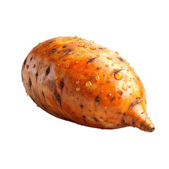 depiction of a sweet potato, its orange skin adorned with glistening water droplets, showcasing a textured surface against a stark black backdrop, evoking a sense of freshness and natural beauty.
