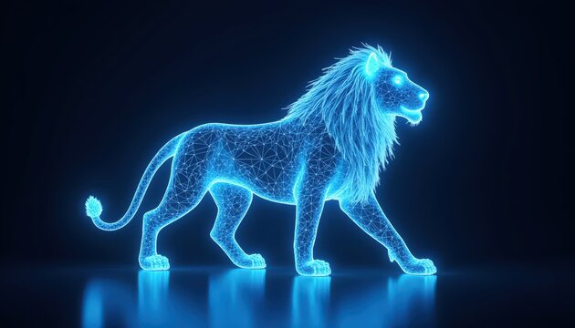 Futuristic Wireframe Lion Built From Glowing Blue Circuitry Design - Powered by Adobe