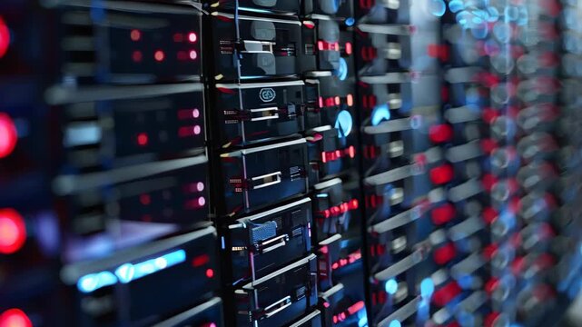 High-Tech Data Center with Server Racks and LED Lights