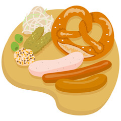 A wooden plate filled with beer-friendly foods such as pretzels and sausages