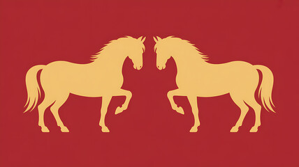 Golden horse silhouettes facing each other on red background celebrating chinese new year