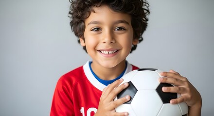 Young boy in a red soccer jersey smiling while holding a soccer ball against a neutral background