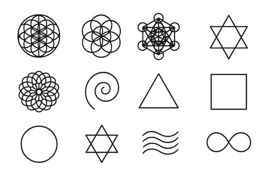Sacred Geometry Icons. Sacred geometry. Line icon set of sacred geometry: flower of life, seed of life, metatron cube, hexagram, mandala, spiral, triangle,