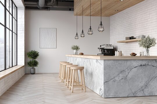 Modern cafe interior, counter with stools, brick and marble details, large window, decorative plants