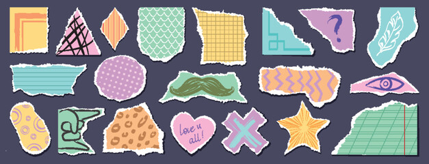 Torn paper cutout piece collection with rip tear background elements for collage design. Colorful shapes with patterns and heart, star and grid textures for scrapbook or creative journal decoration.