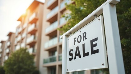 Real estate sign advertises apartment building for sale. Modern residential complex with balconies and trees visible. Property market for buying and selling homes.