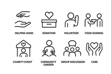 Fototapeta na wymiar Community Support Icons. Outline icon set of community support: helping hand, donation box, volunteer, food sharing, charity event, community garden, group