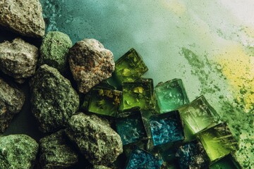 Close-up of natural stone and crystalline cubes on a textured, blended background