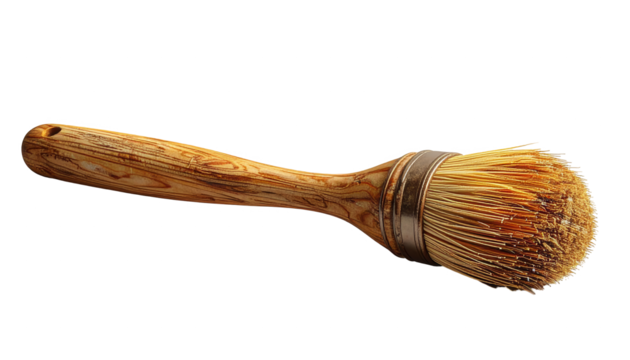 Detailed  shot showcases a well-worn paint brush set against a stark black background. The wooden handle exhibits intricate grain patterns, and the brush bristles are highlighted with a close up view.