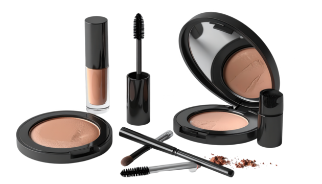 A collection of beauty products including makeup, mascara, powder, and liquid lip color is arranged against a solid black backdrop, showcasing a sophisticated display of cosmetics with various...