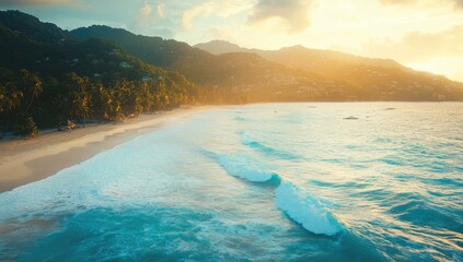 Naklejka premium Tropical beach at sunrise. Waves cresting. Lush hillsides