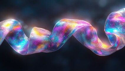 Iridescent, swirling ribbon in soft focus space