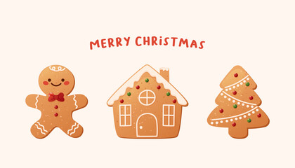 Christmas card with gingerbread cookies. A gingerbread man, gingerbread house, drawn in a simple, childish style. Merry Christmas greeting card