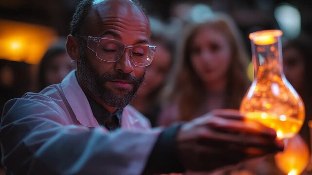 Scientist in Lab Coat Holding Glowing Flask Experiment.