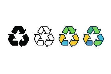 Recycling Icons Styles. Vector icon recycling arrows same pose same proportions four styles black solid glyph outline minimal flat multicolor filled cartoon