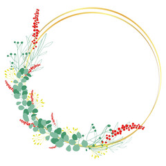 A circular wreath of green eucalyptus leaves and red berries, framed by a double gold ring.
