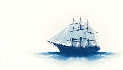 Obraz premium Tall ship sails on watercolor-style ocean in monochrome blue
