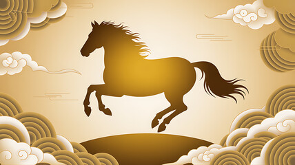 Majestic golden horse ascending through traditional chinese clouds symbolizing good fortune and new year