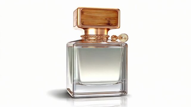 A square glass perfume bottle with a large gold cap.