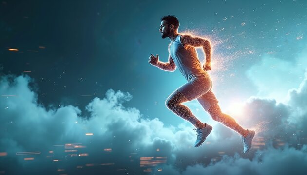 Man runs through cloud with glowing body. Athlete in motion with futuristic effect. Dynamic scene of runner with speed and energy in a digital environment. - Powered by Adobe