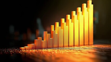 Orange 3D bar chart rising from left to right on a dark background. - Powered by Adobe