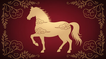 Golden horse silhouette surrounded by ornate floral borders on rich burgundy background festive chinese new year
