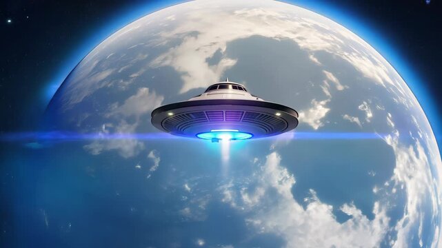 Futuristic Spaceship Approaches Earth with Dramatic Cosmic Background