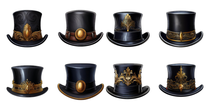 Collection of Elegant Black Hats with Decorative Designs and Styles, PNG bundle collection, Isolated on Transparent Background