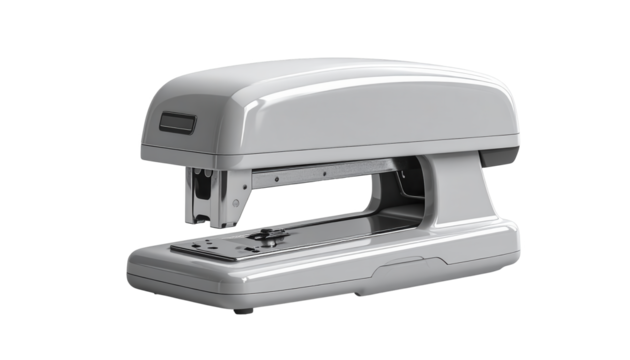 An isolated, modern, glossy white stapler is depicted against a stark black background, showcasing its sleek design and metallic details.