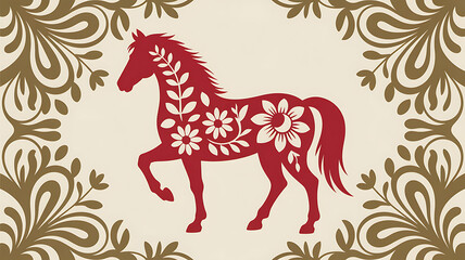 Red horse adorned with floral patterns symbolizes chinese new year and good fortune