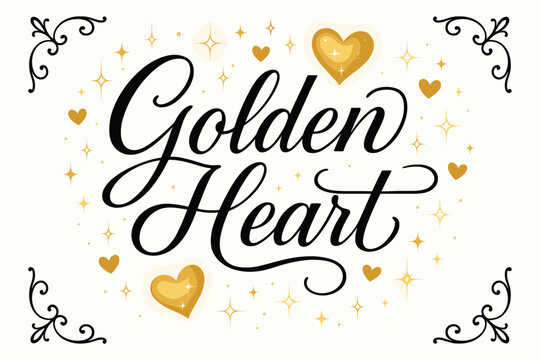 Golden Heart Design. Golden Heart, elegant calligraphy lettering, smooth curves, balanced composition, clear readable letters, consistent style, surrounded by