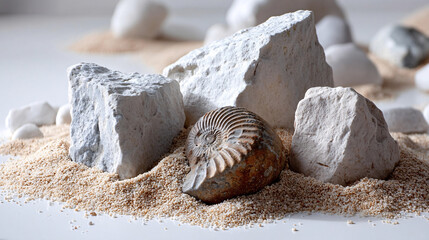 Limestone pieces with Ammonites fossil in a rough ocean setting