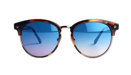 Stylish sunglasses feature a classic browline design with a tortoiseshell pattern frame, complemented by sleek metal accents and vibrant, gradient blue lenses against a stark, solid black background.
