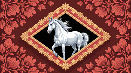 Elegant white horse portrait framed in ornate golden diamond on red floral pattern background for chinese new year