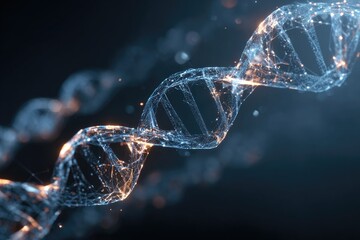 Close-up, futuristic rendering of a glowing DNA double helix, in shades of blue and orange