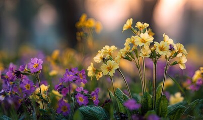 Delicate flowers bloom in a spring meadow, bathed in warm sunlight with blurred background