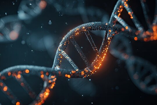 A close-up view of a DNA double helix model, glowing with bright particles on a dark background