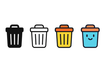 Diverse Icon Styles. Vector icon trash bin same pose same proportions four styles black solid glyph outline minimal flat multicolor filled cartoon flat shaded.
