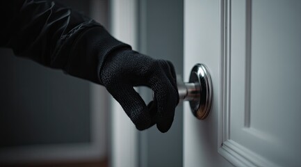 A gloved hand grips a shiny doorknob, opening a white door with an ominous feeling